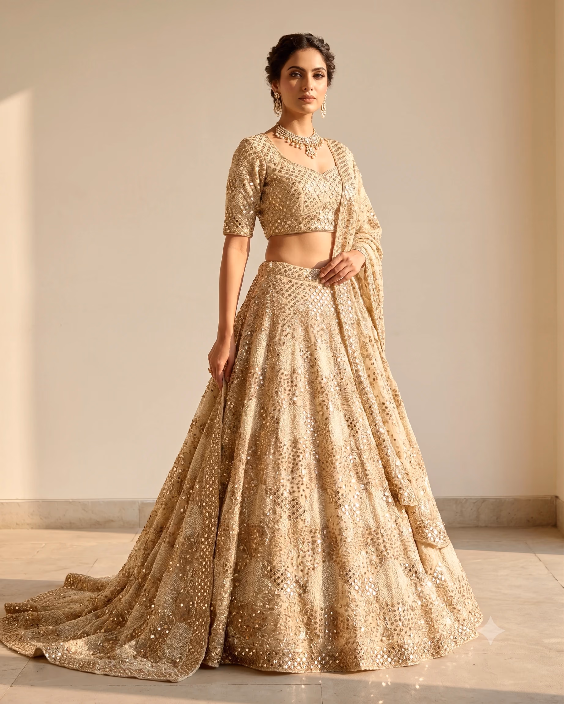 Model in a gold mirror-sequin lehenga from Saroj Ensemble